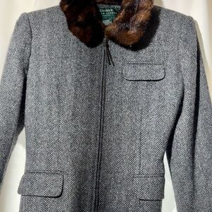 Ralph Lauren Herringbone Gray Pea Coat with Faux Fur Collar